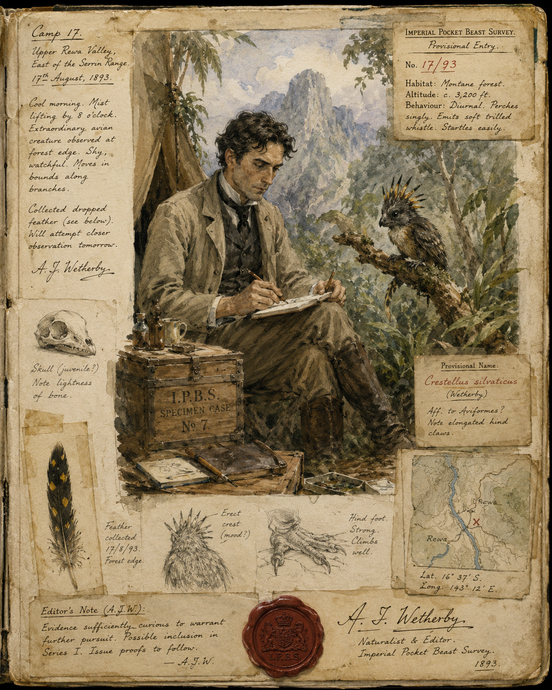 Watercolour journal page from Camp 17, Upper Rawa Valley, 15th August 1893. Professor A. J. Wetherby seated at an I.P.B.S. specimen crate, sketching a crested creature observed at the forest edge. Marginal notes record habitat, behaviour, and preliminary classification. Imperial Pocket Beast Survey, Provisional Entry No. 17/93.