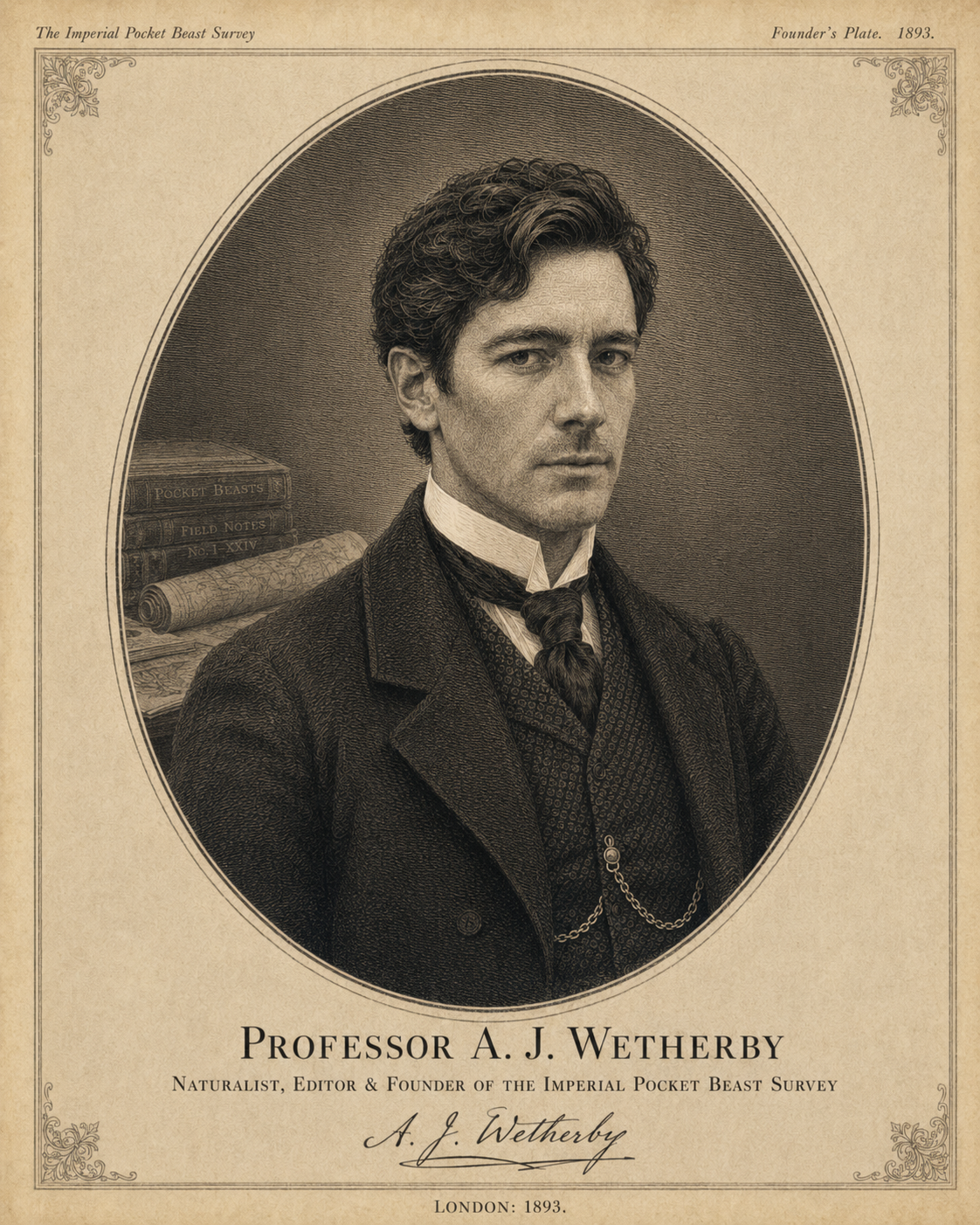 Engraved formal portrait of Professor A. J. Wetherby, Naturalist, Editor and Founder of the Imperial Pocket Beast Survey. Studio photograph, London, 1893.
